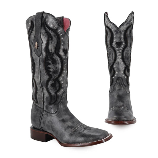 Bota Vaquera DOLLY Piel Genuina | Gris - negro